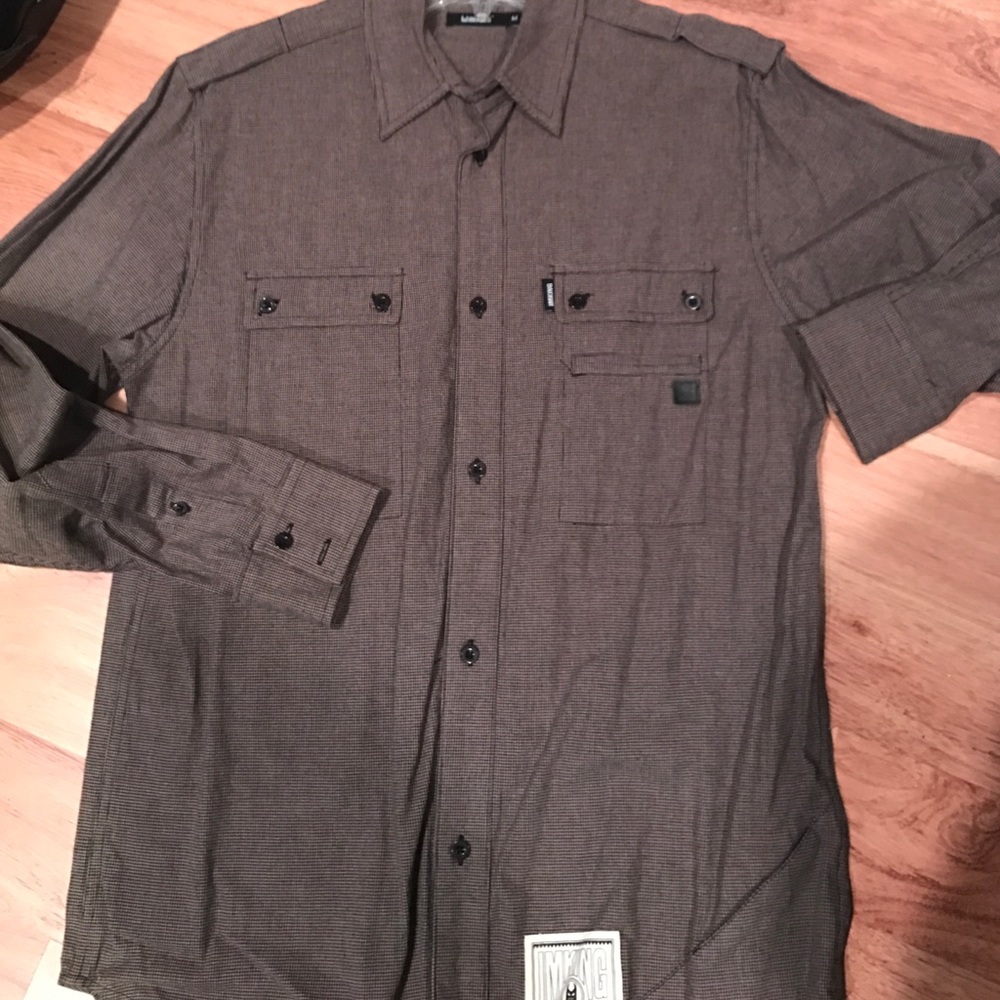 Mens IM KING brown long sleeve button up shirt.