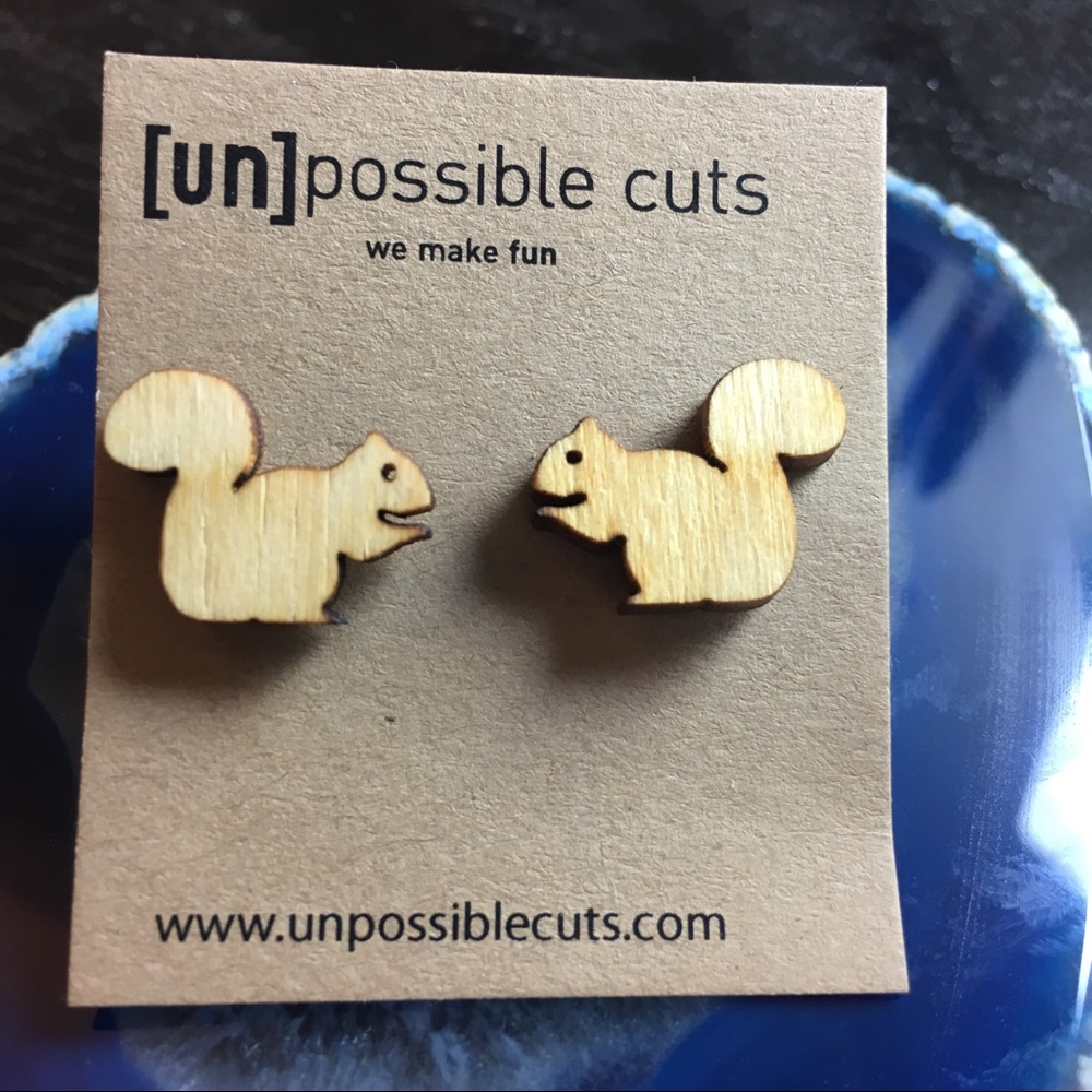 Laser-cut wood squirrel earrings