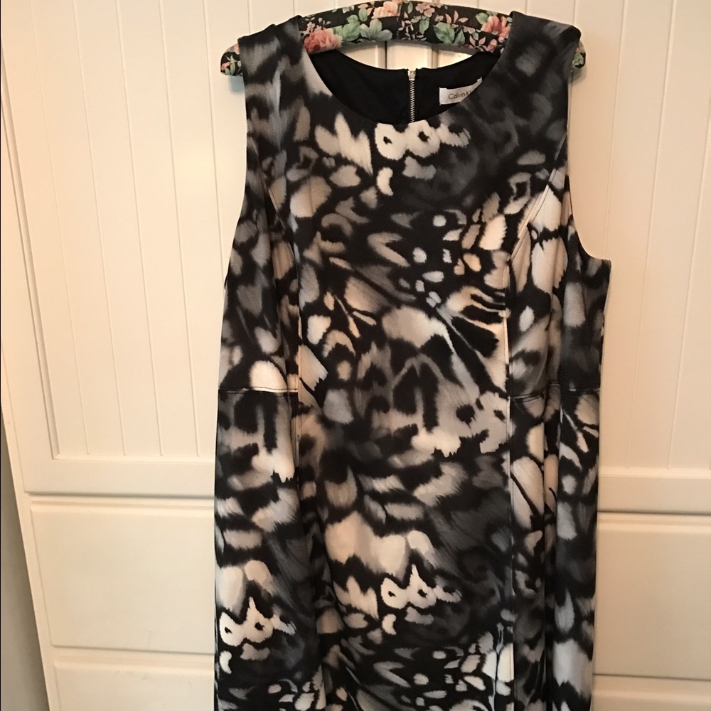 Black, gray, and white midi dress