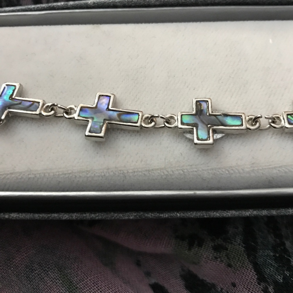 NIB Abalone and silver plated cross bracelet