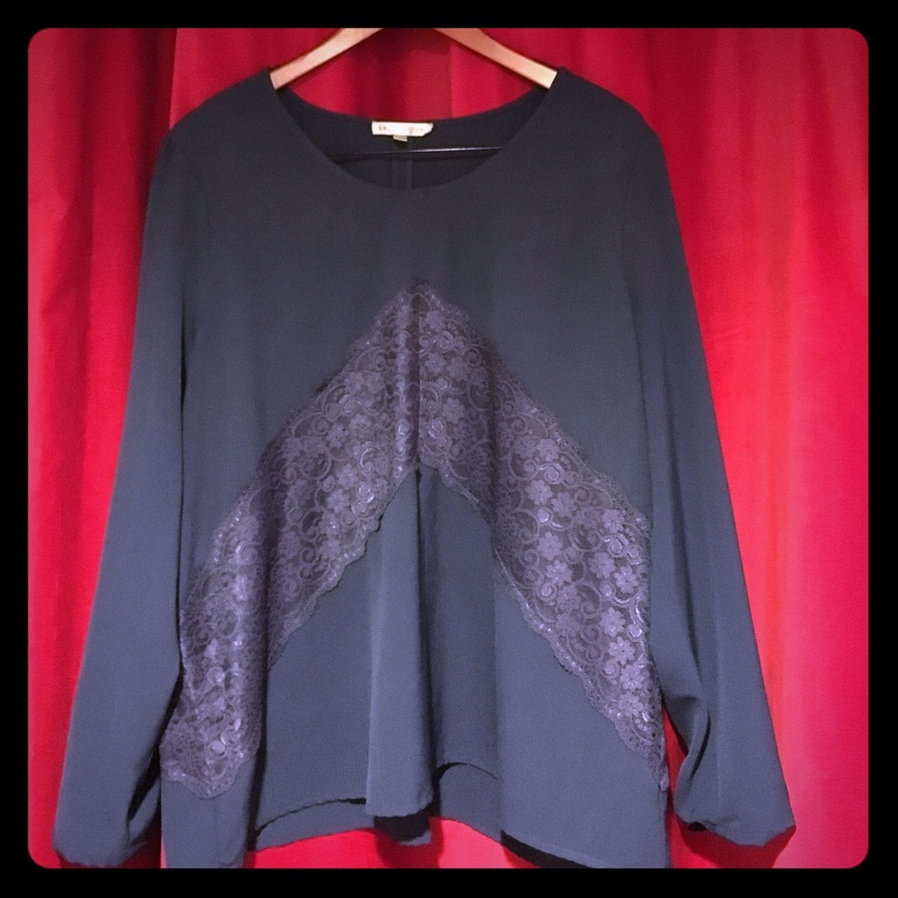 Navy Blouse with Puffed Sleeves, Lace Detail