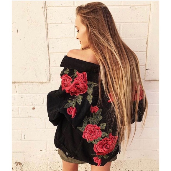 black jacket with red roses