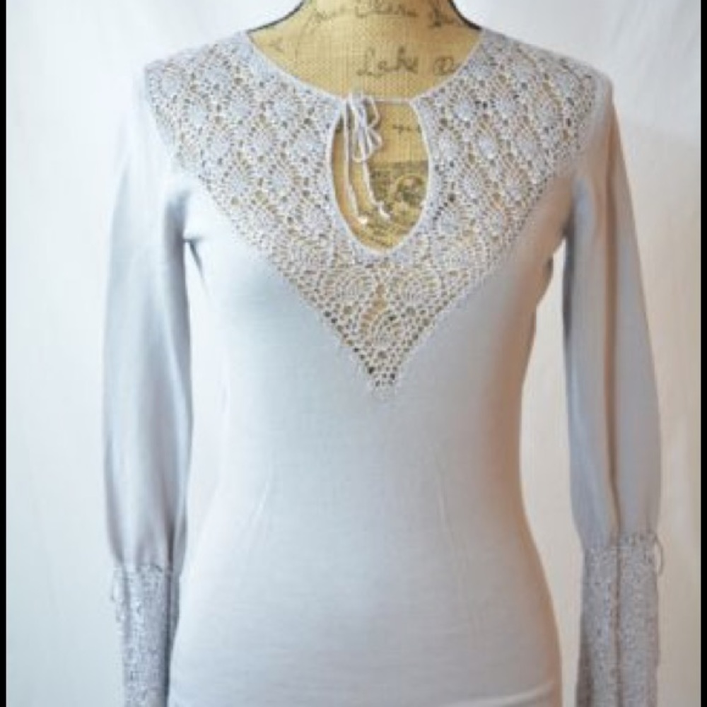 Bebe Silvery Grey Crochet Long Sleeve Sweater XS