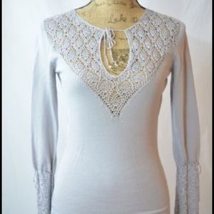 Bebe Silvery Grey Crochet Long Sleeve Sweater XS