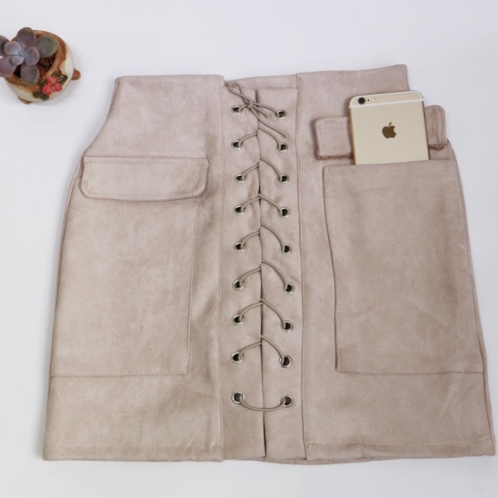 Beige Lace-Up Suede Skirt