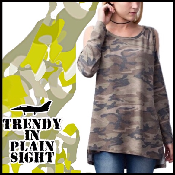Boutique Tops - Cold-Shoulder Camo in taupe