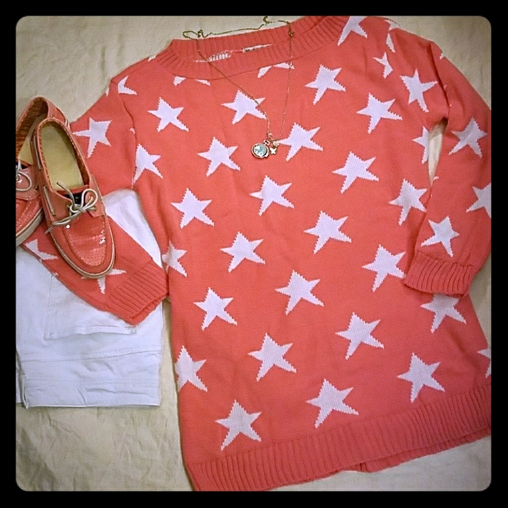 Coral colored off the shoulder sweater