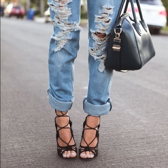 Black Perforated Gladiator Peep Toe Sandals - Picture 2 of 8