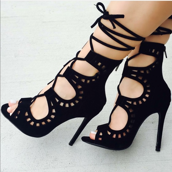 Black Perforated Gladiator Peep Toe Sandals - Picture 3 of 8