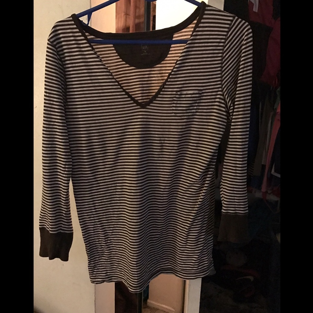 Brown and White Striped Long sleeve V neck
