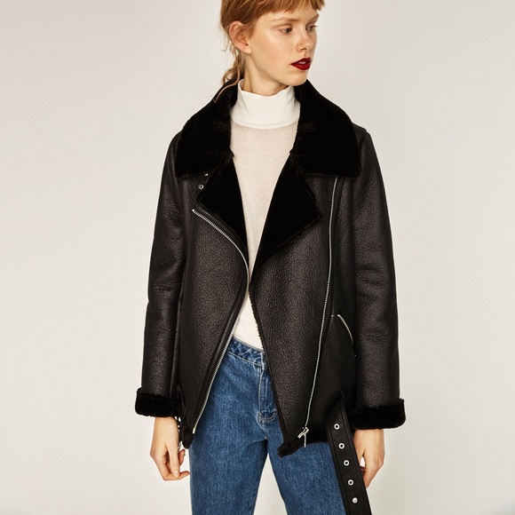 Zara Faux Fur Collar Biker Shearling jacket - Picture 2 of 4