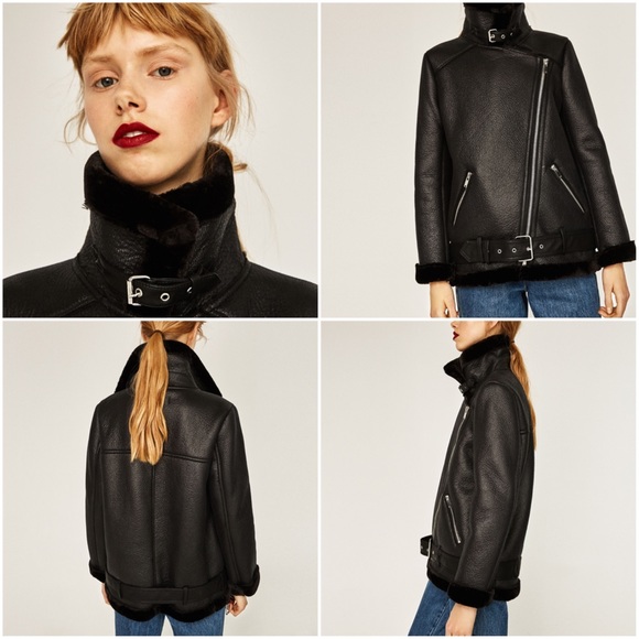 Zara Faux Fur Collar Biker Shearling jacket - Picture 3 of 4