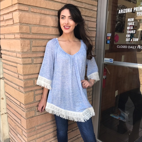 Light Blue Fringe Boho Top-SALE - Picture 1 of 4