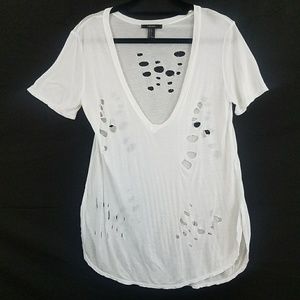 Forever 21 Womens Destroyed White V Neck Tee