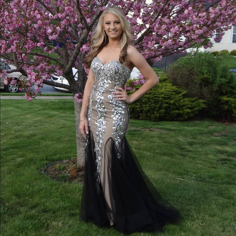 Jovani black taupe and silver strapless prom dress