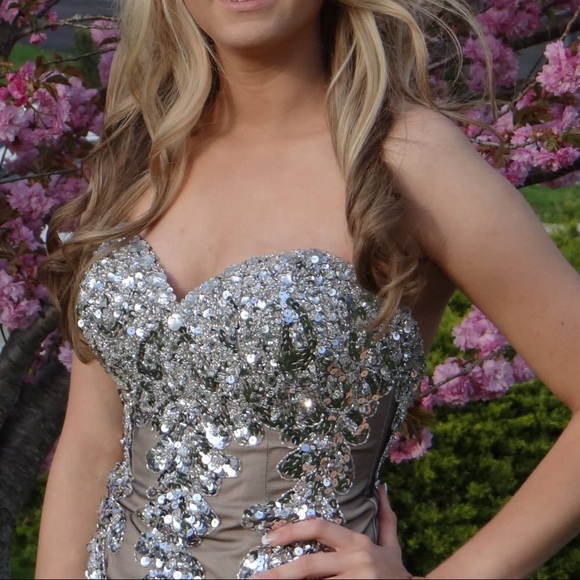 Jovani black taupe and silver strapless prom dress - Picture 2 of 3