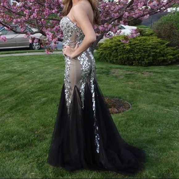 Jovani black taupe and silver strapless prom dress - Picture 3 of 3