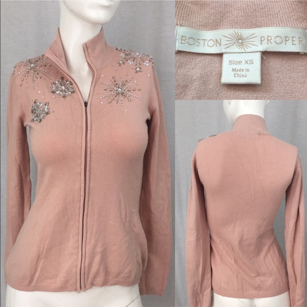 SOLD šSz XS Boston Proper Beaded Zip Up Cardigan - Picture 1 of 8
