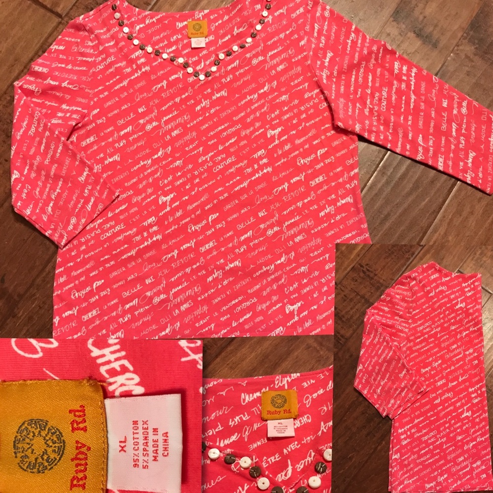 3/4 sleeve pink Ruby Rd. Shirt size XL