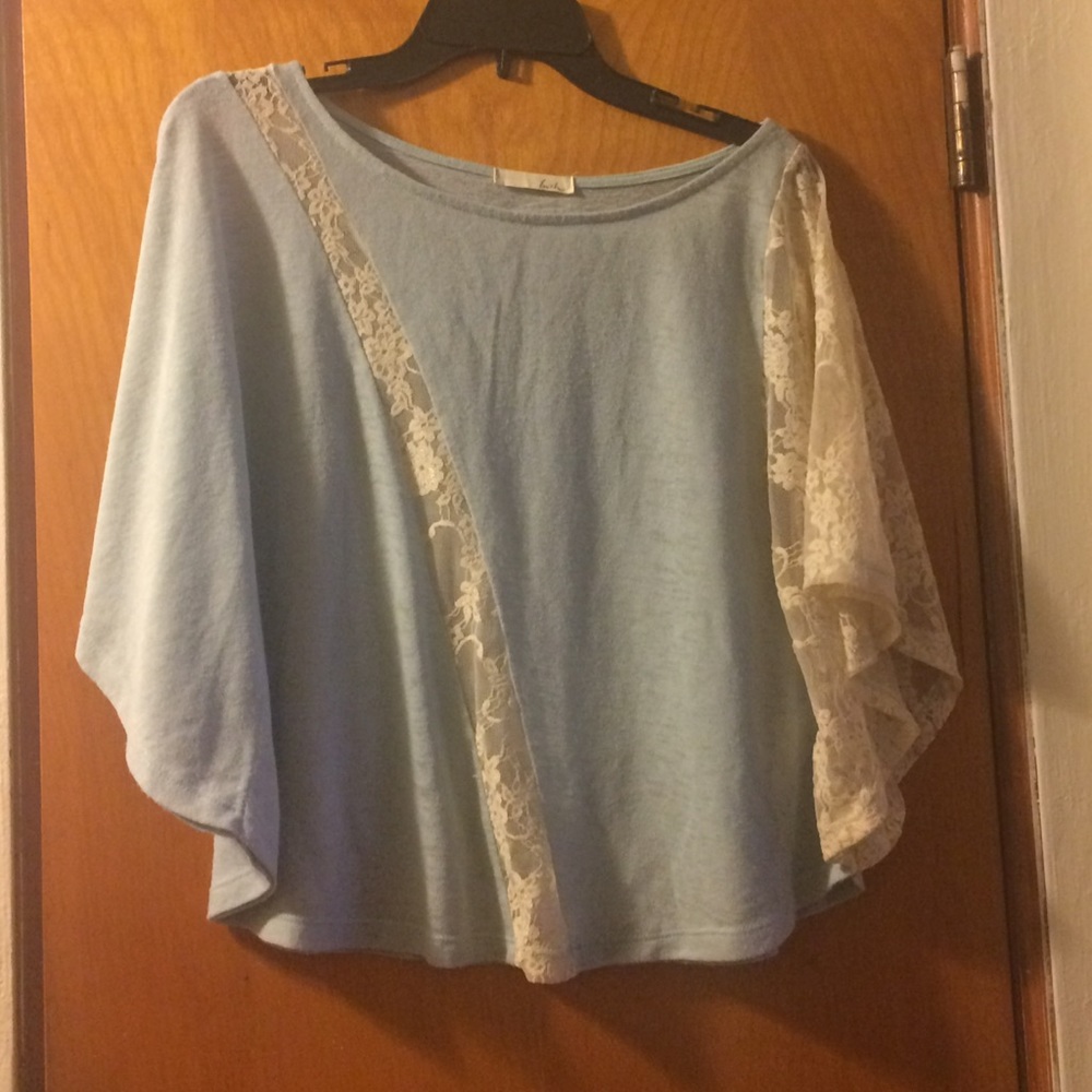 Baby Blue Lace Sleeve Batwing Shirt