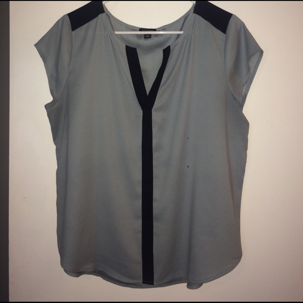 Ann Taylor Gray Blouse with Navy Trim L