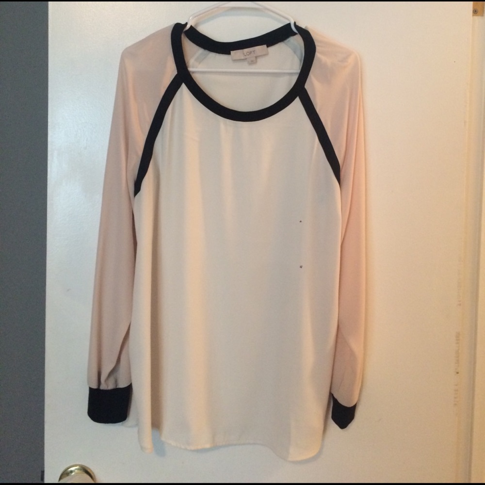 LOFT Cream and Black Long Sleeve Sheer Blouse L