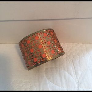 Brass and orange leather cuff bracelet