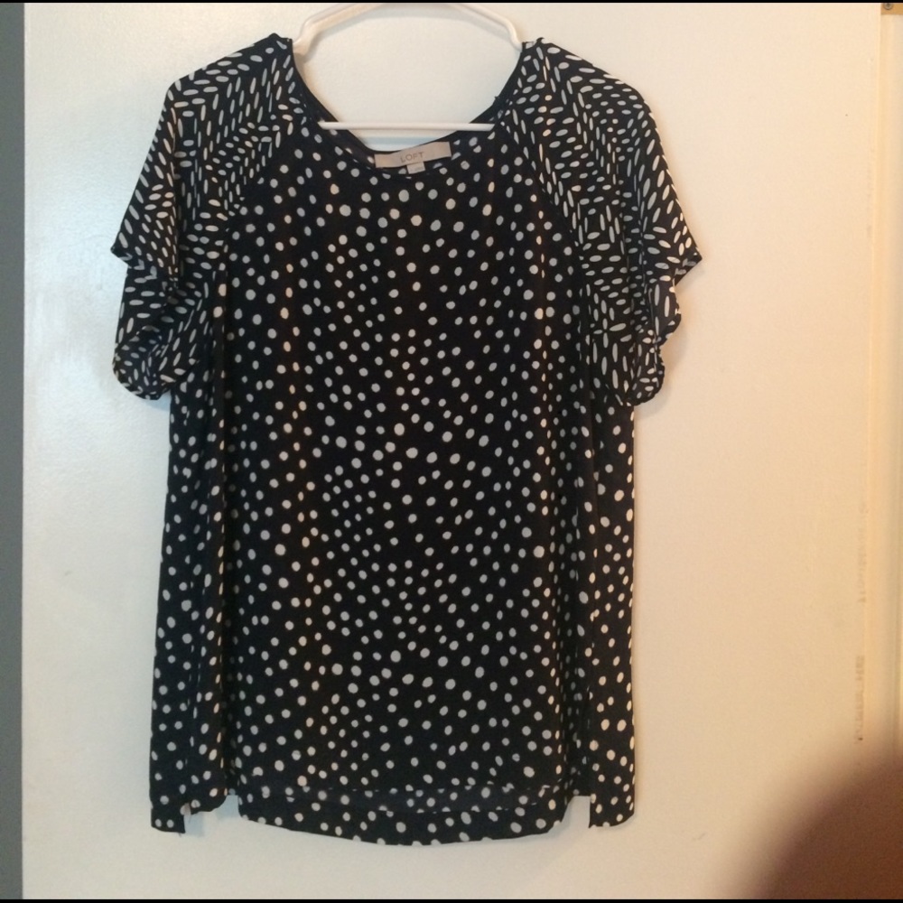 LOFT Short Sleeve Navy White Blouse Tee L