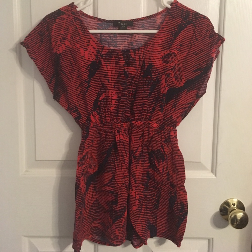 Vibrant Patterned Red and Dark Navy Blue Top