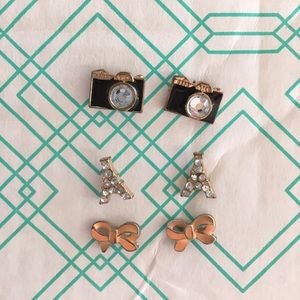 Eiffel Tower, camera, and bow earrings.