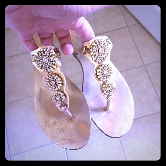 Gold Bamboo Brand Embellished Sandals - Picture 1 of 4