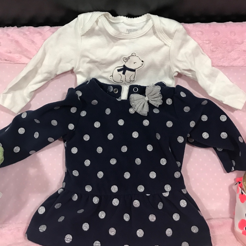Carters sweater and long sleeve onesie. Girls.