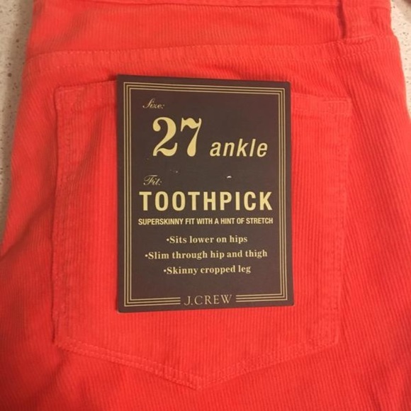 J. Crew Pants - New J.Crew toothpick coral corduroy pants, 27.