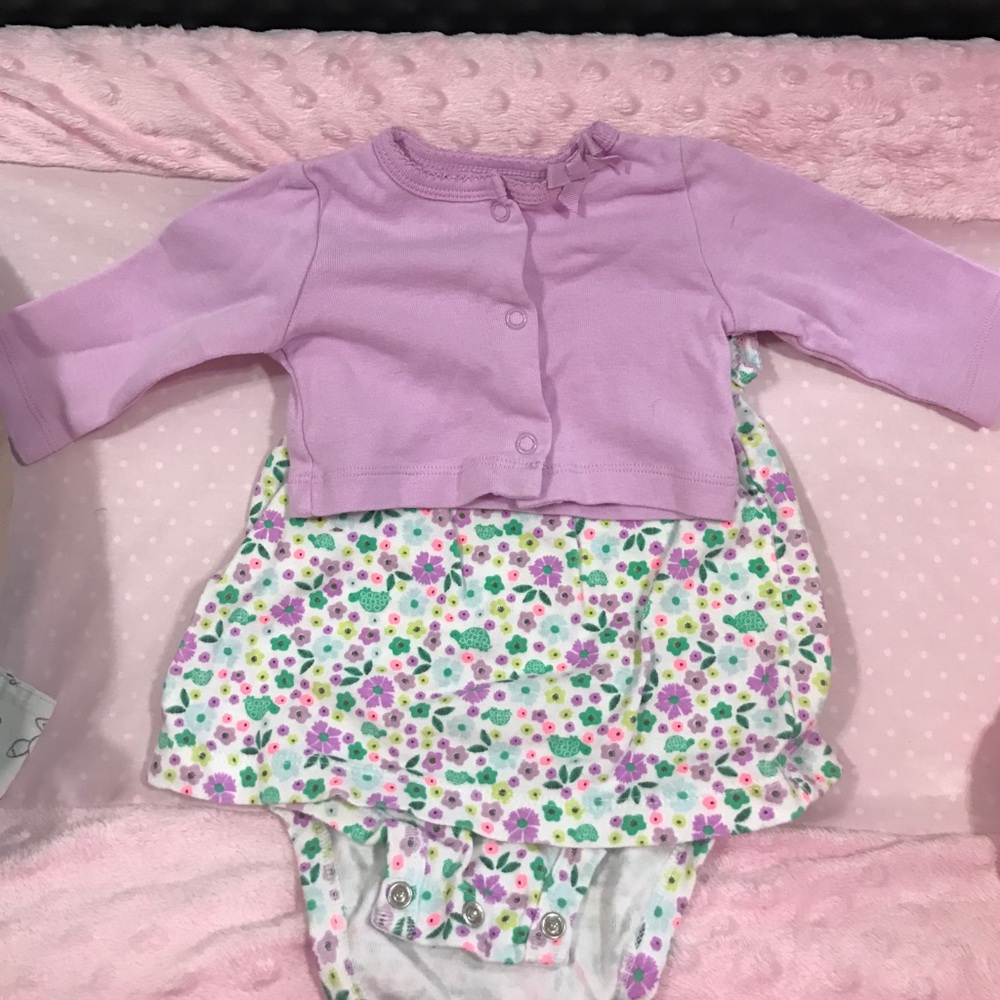 Carters purple floral dress w/ purple cardigan.