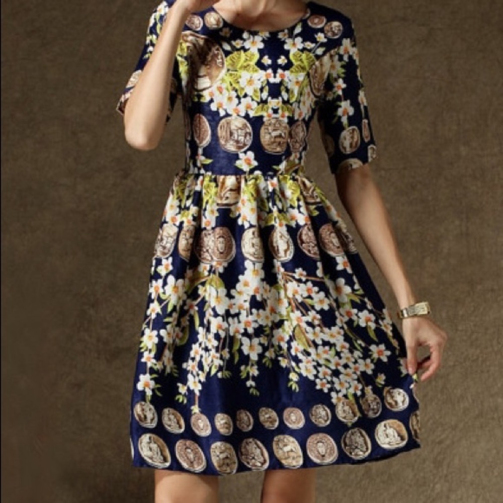 Navy Short Sleeve Coins Print Dress - Picture 1 of 6