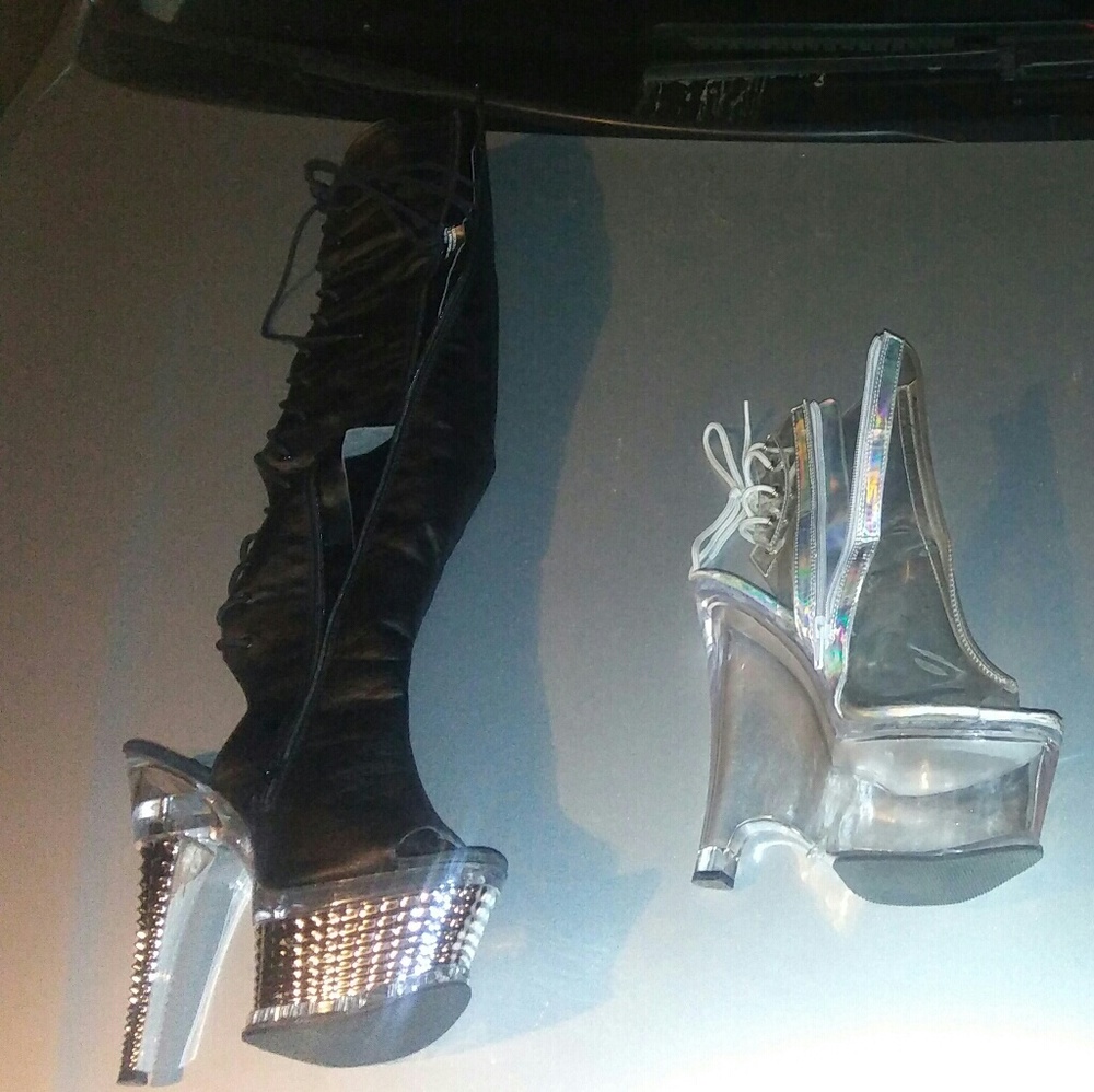 Thigh high boots & clear ankle wedges