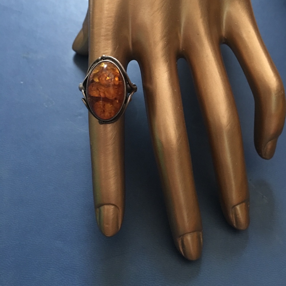 Amber and Sterling Silver Ring with Leaf Detail