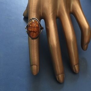 Amber and Sterling Silver Ring with Leaf Detail