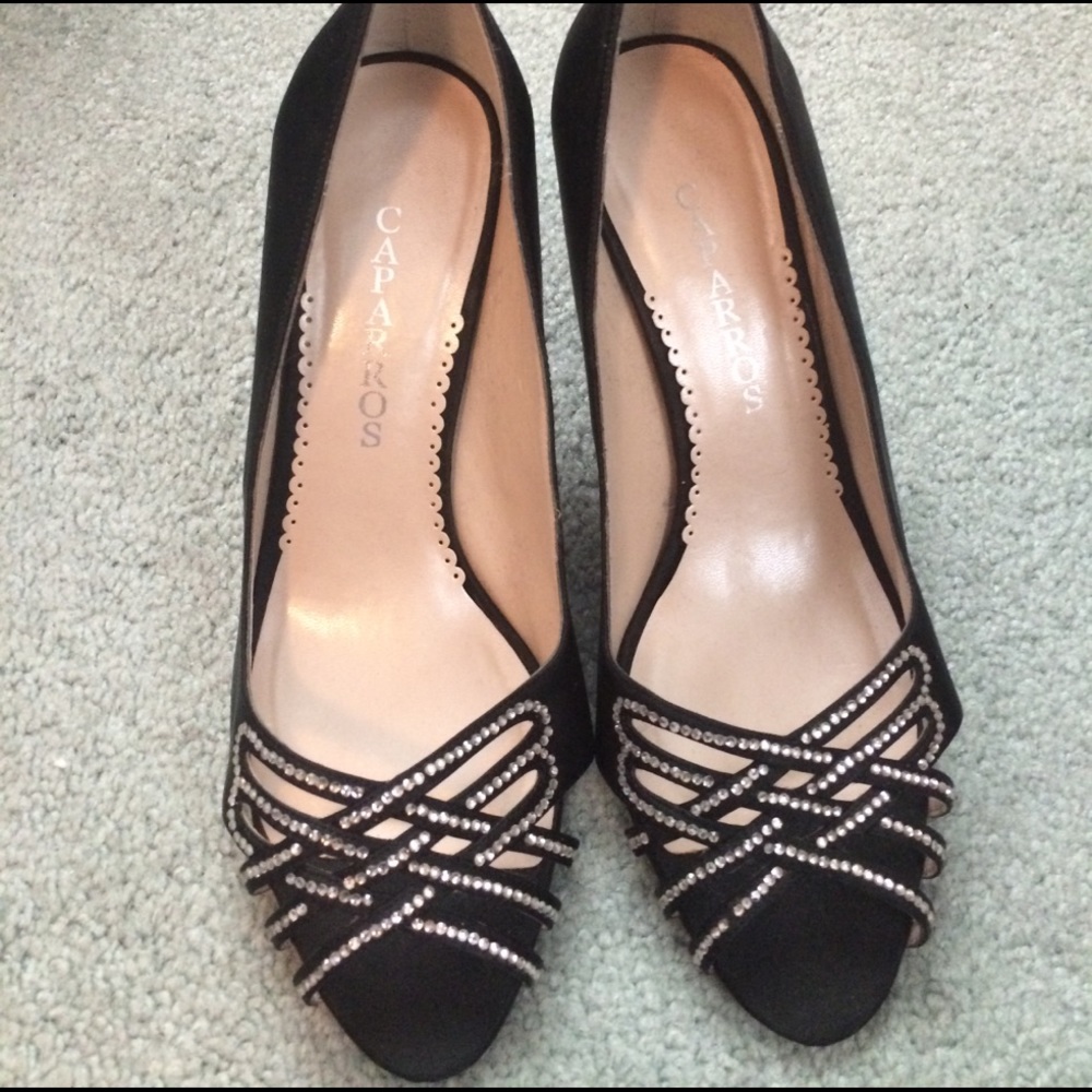 Black satin jeweled peep toe pumps