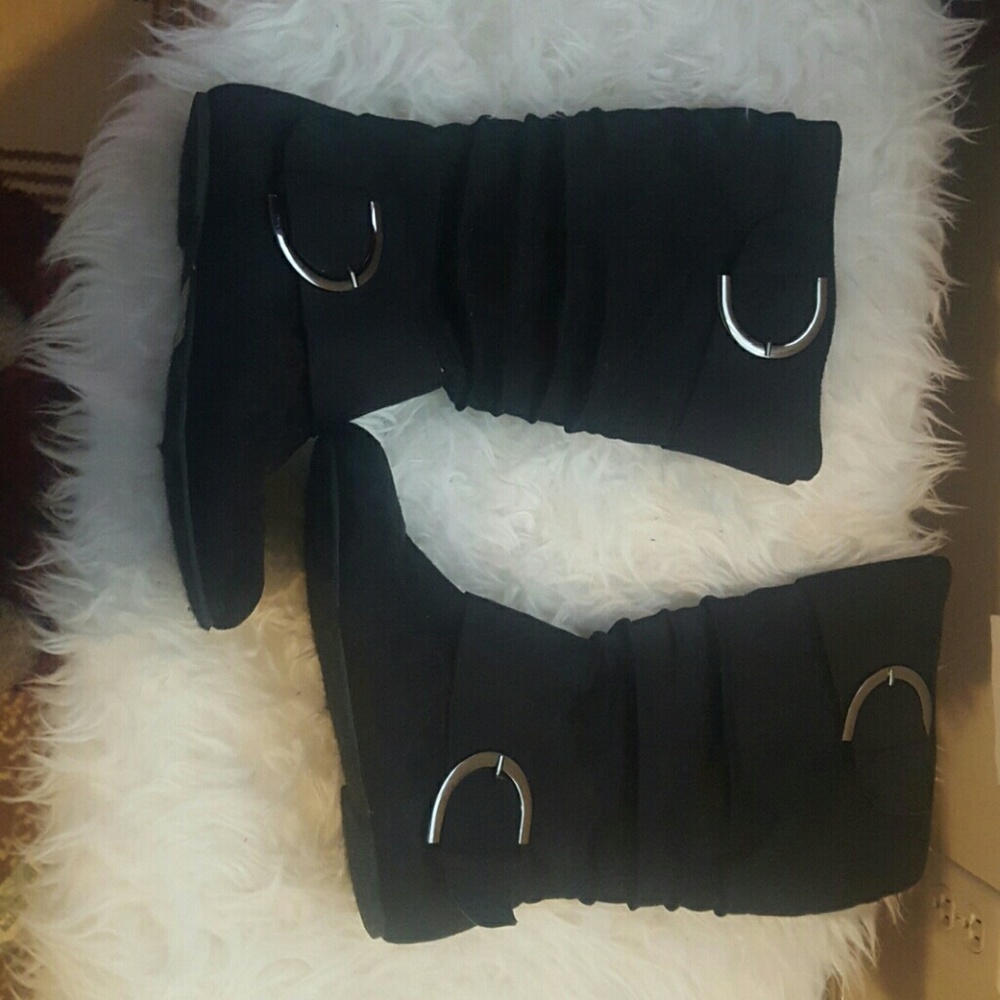 New, black suade, mid-calf boots