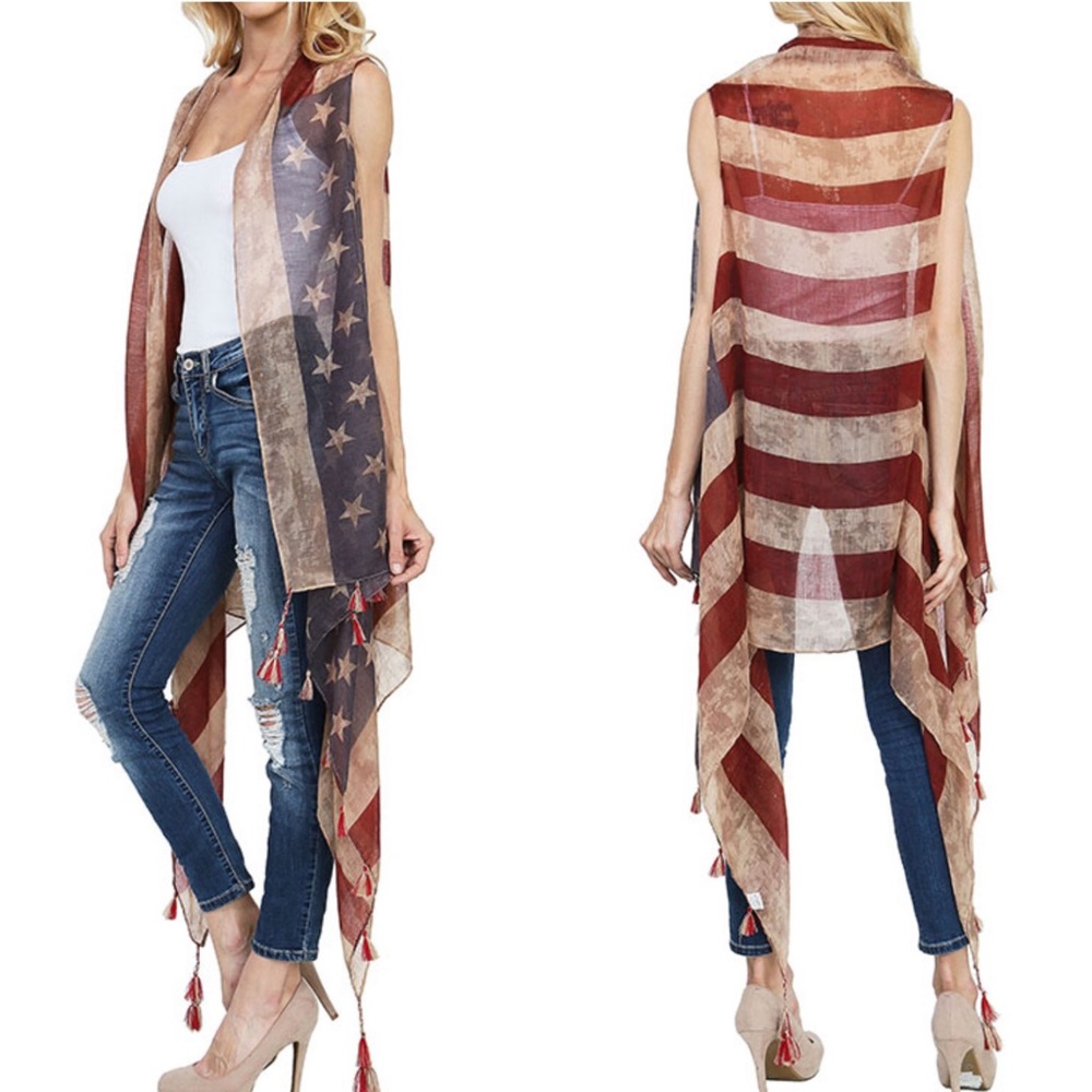 Vintage American Flag Tassel Vest Cover-Up