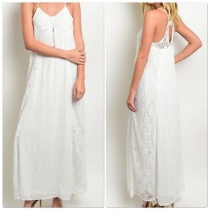 Goddess flowy maxi dress features lace detail