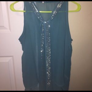 Blue Shirt with a Sparkle scarf collar.