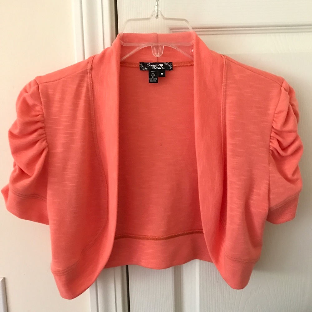 Coral, cropped, short sleeve shrug (juniors)
