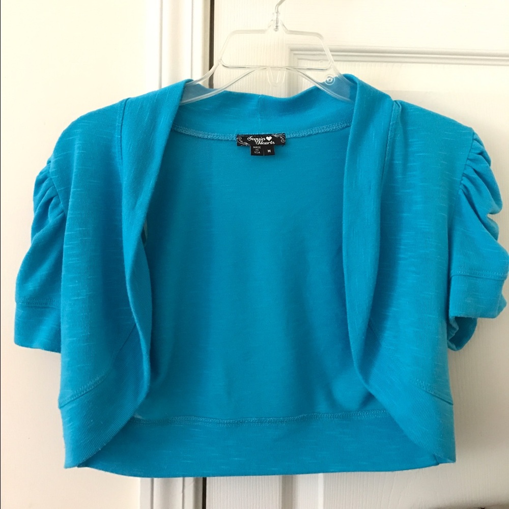 Blue, cropped, short sleeve shrug (juniors)