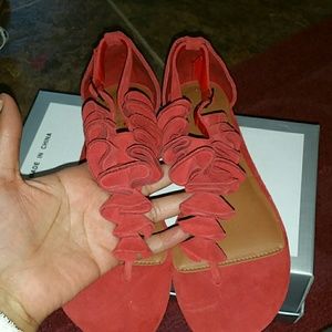 *SOLD! DESIGNER  RED SUEDE THONG RUFFLE SANDALS