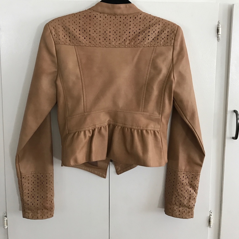 LightBrown LaserCut Peplum Back FauxLeatherJacket