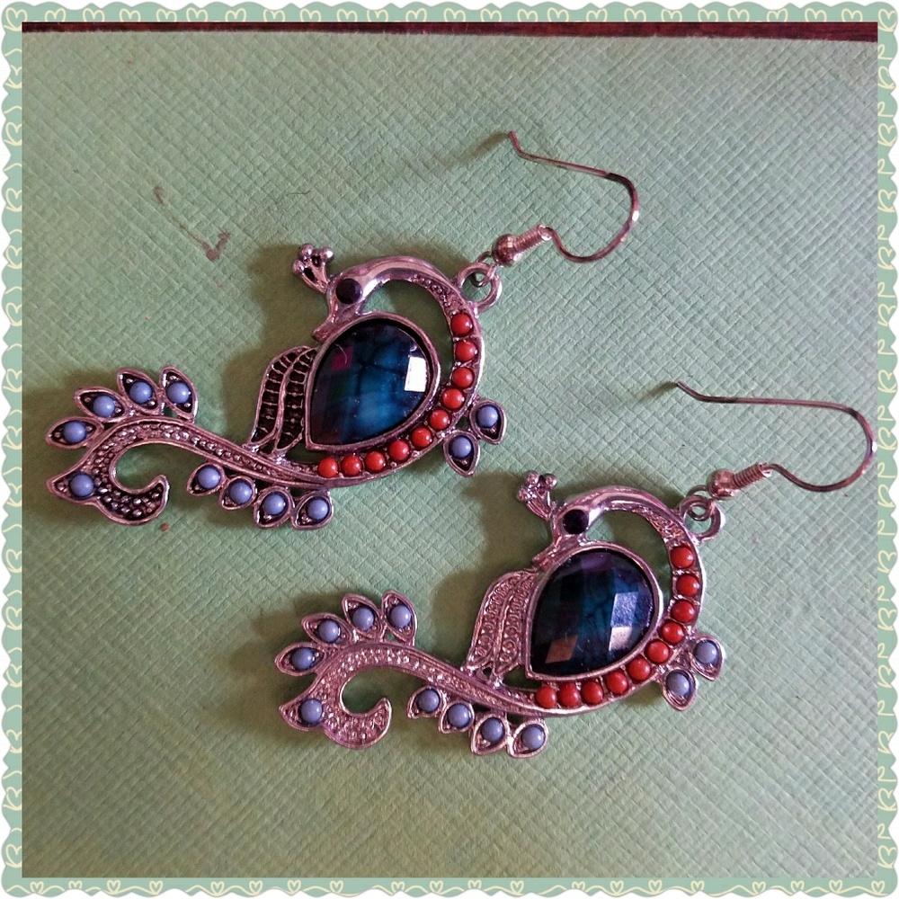 NWT Silver & Crystal Peacock Earrings