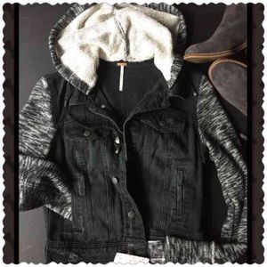 NWOT Free People Black Denim Jacket Knit Sleeve