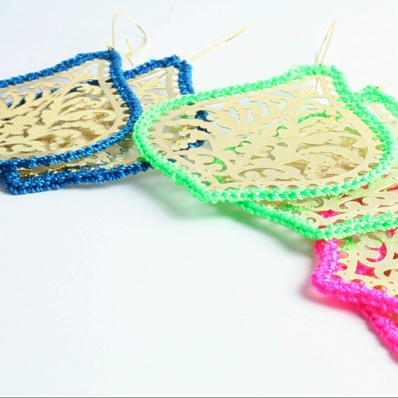 Boho Colorful Crochet Damask Metal Lace  Earrings - Picture 3 of 4